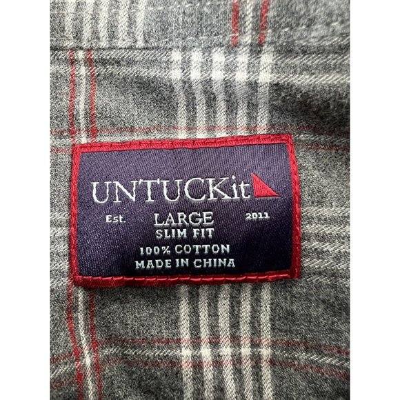 Untuckit Hazlitt Flannel Shirt Mens Large Slim Fit Gray Red Plaid Long Sleeve - Picture 7 of 14